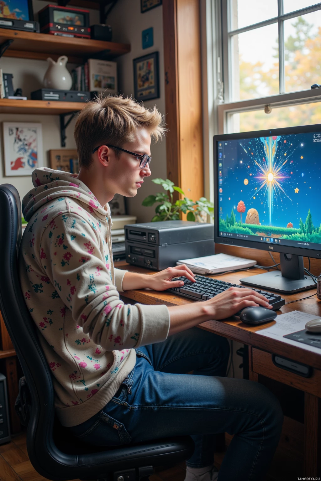 Realistic high quality photo. A 22‑year‑old slender male with short blonde hair, blue eyes, pale skin, angular face, high cheekbones and a small nose, wearing an 8‑bit patterned hoodie, pixelated glasses, and casual jeans, sits at a cluttered home office with a computer monitor displaying a 32×32 pixel sprite grid, a vintage console on a shelf, chasing a rogue pixel color glitch that moves across the screen, morning light filtering through a window.