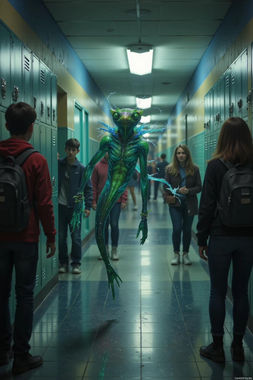 Realistic high quality photo. In a dimly lit high‑school hallway after dusk, a 12‑year‑old male alien parasite—small sluglike creature with translucent slime skin dotted by shimmering particles, bright green eyes, a large bulbous brain, tendril hair that shifts color according to mood, and an ever‑changing shimmering collar indicating its activity—flicks telepathic wit into the lockers that hum a forgotten lullaby while the PA system crackles reverse gravity jokes, causing several teenage students in casual attire to laugh as they float upward against the floor.