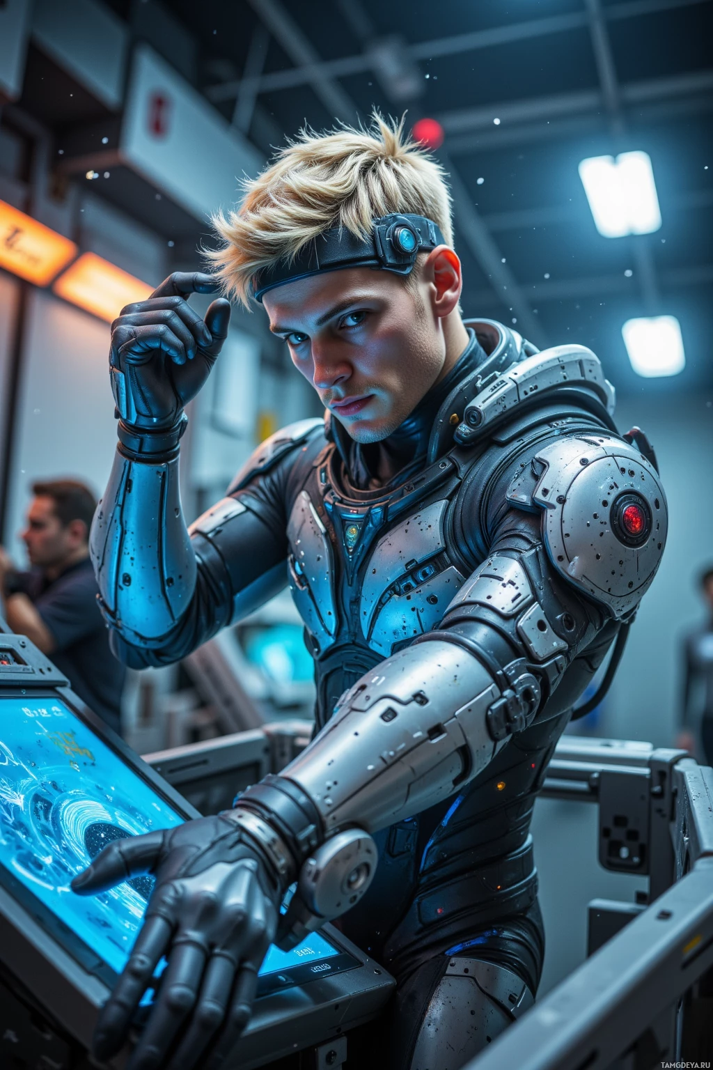 Realistic high quality photo. Male, 32, short blonde hair, piercing blue eyes, fair glowing skin, wearing sleek high‑tech armor with blue accents, flexing titanium limbs on an anti‑gravity foam treadmill in an orbital gym while a stray laser dart lands on his visor and he applies a shield sticker, with a holographic comm console glowing beside him and floating dust in the anti‑gravity environment.