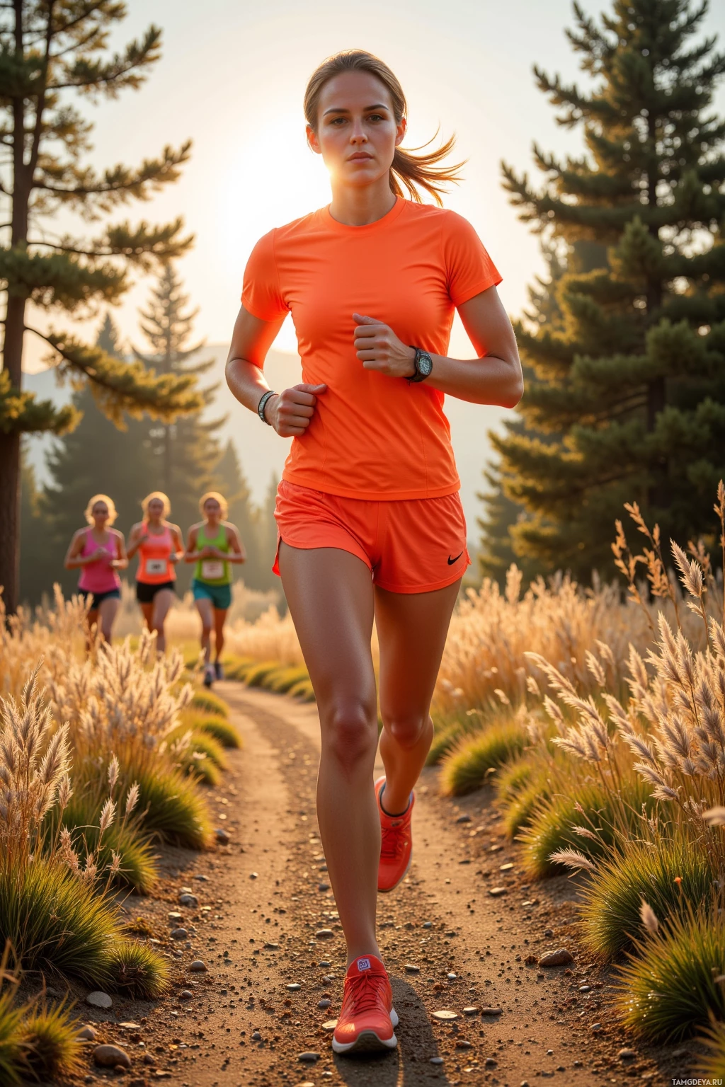 Realistic high quality photo. Female, 31‑year‑old fit woman with dark brown ponytail wearing bright orange running gear and matching sneakers, leading a small pack of runners up a sunlit trail in early dawn light, wind swirling through pine trees, her face showing determined focus and faint frustration.