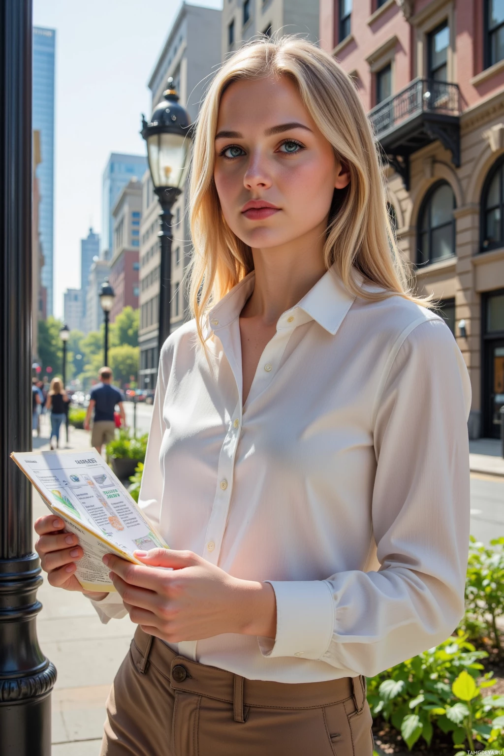 Realistic high quality photo. A 26‑year‑old female journalist with bright blonde hair, blue eyes, wearing a crisp white blouse and tailored trousers, standing by a lamppost on a morning city street, holding a notebook and pen, glancing at a flyer for a community garden, with a small neighborhood garden sprouting behind, sunlight streaming through tall buildings, her face radiating hopeful optimism.