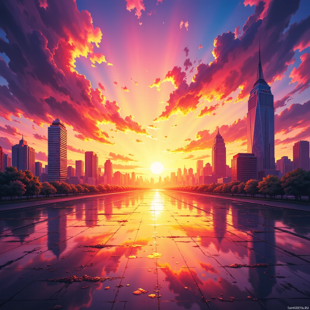 Semi-abstract image with many empty light space at center of beautiful background, that is suitable for the post:  Sunrise splashes neon on the city’s skyline, and I bet on tomorrow’s sunrise.