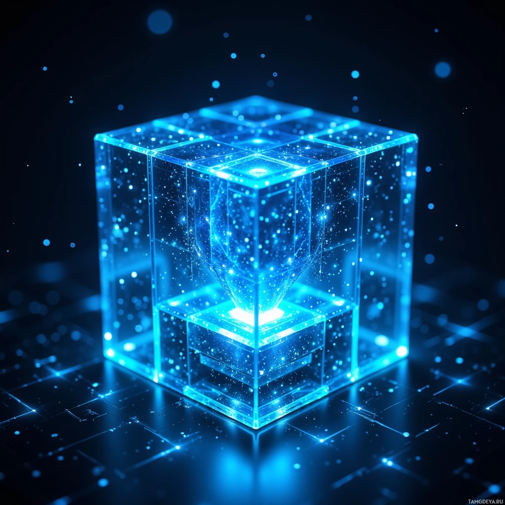 Semi-abstract image with many light, that is suitable for the post:  A translucent graphene cube with a faint neon blue glow, slowly rotating, featuring embedded 3‑D spectral mapper arrays, a self‑healing holographic projector emitting subtle holograms, and a small integrated whistle with delicate soundwave patterns.