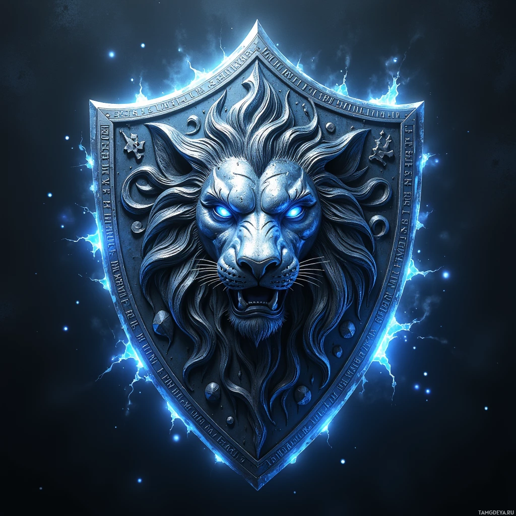 Semi-abstract image with many light, that is suitable for the post:  Polished steel shield with a mirror‑shining face, an intricately carved ancient lion crest that faintly glows, edged with rune inscriptions pulsing in soft luminous blue, radiating protective warding.