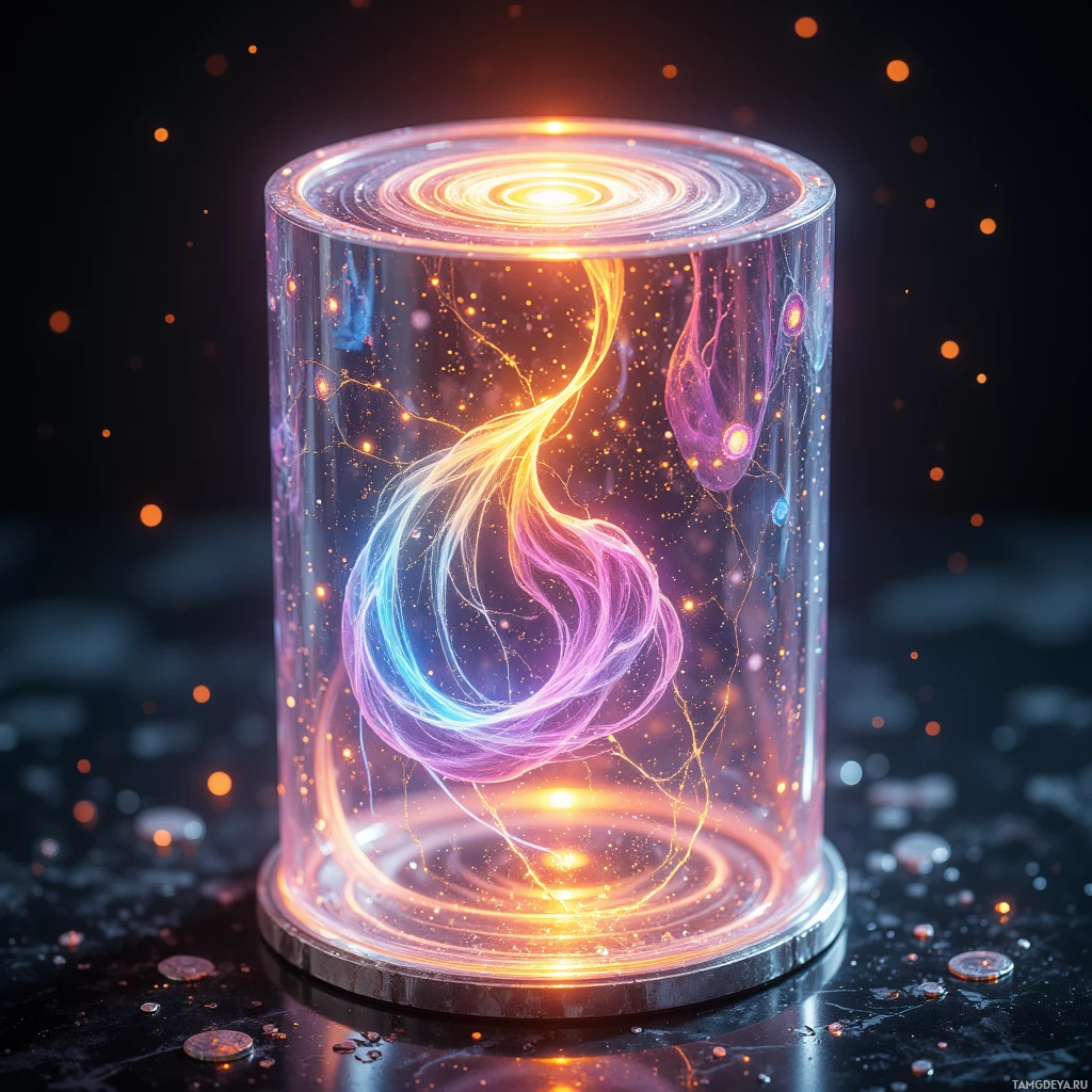 Semi-abstract image with many light, that is suitable for the post:  Translucent iridescent cylinder pulsing with shifting rune etchings, warm glowing surface, subtle metallic silver edges, embedded micro-sensors glowing faintly, holographic data stream patterns woven into the glass.