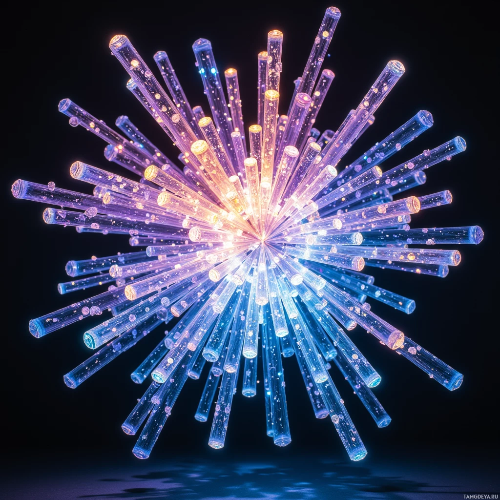 Semi-abstract image with many light, that is suitable for the post:  A floating lattice of translucent glass rods, gently bending and shifting into asymmetrical patterns like broken mirrors, iridescent surfaces transitioning from serene glow to electric riot, each rod with subtle imperfections, suspended in midair.