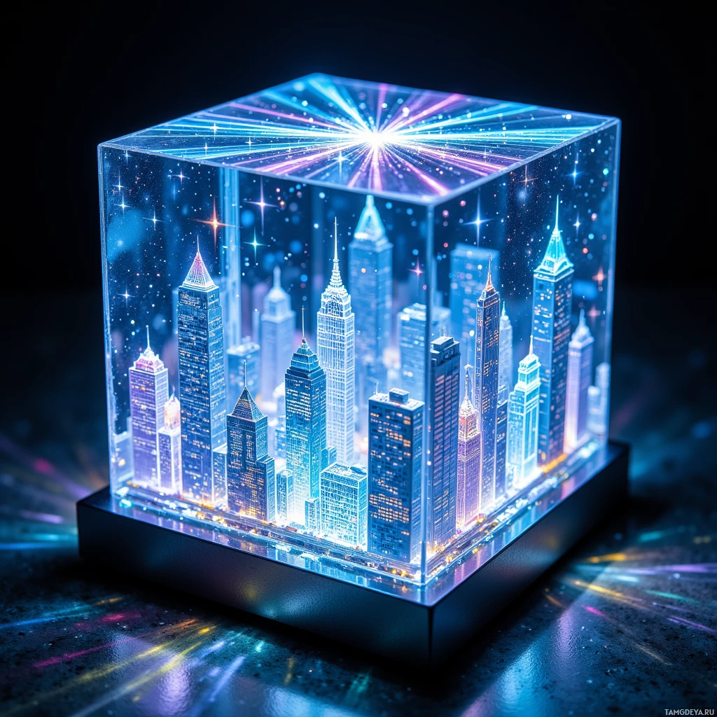 Semi-abstract image with many light, that is suitable for the post:  Handcrafted translucent glass cube, almost second‑skin glass, projecting holographic cityscapes that shift from misty harbor blues to neon‑lit streets, illuminated by miniature LED circuitry pulsing dynamic light patterns, with subtle metallic edges and a faint glassy sheen.