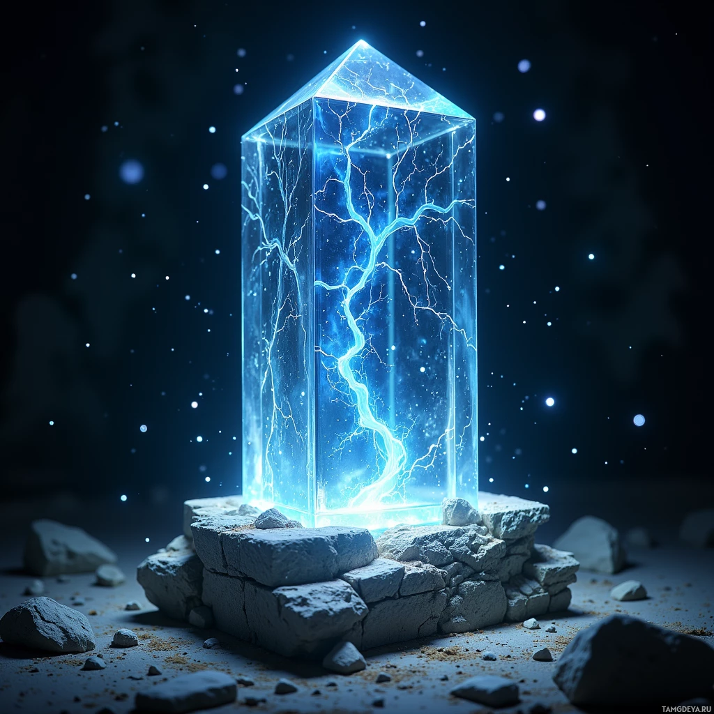 Semi-abstract image with many light, that is suitable for the post:  A slender translucent glass prism with faint blue veins pulsing like currents, etched with shifting runes that reveal cryptic maps, and projecting holographic arrows, compact yet surprisingly heavy, resembling a key to forgotten power.