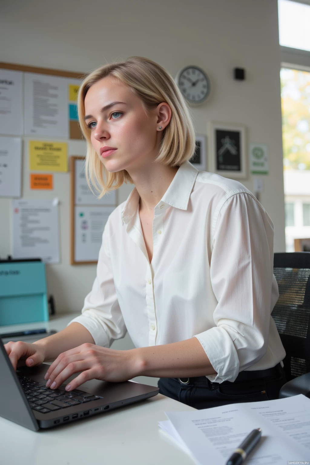 Realistic high quality photo. A mid‑30s woman with short light brown hair, blue eyes and pale skin in a plain white shirt and fitted black trousers sits at an office desk, intensely focused on her laptop displaying code as she tightens loops, showing a look of frustration yet quiet determination amid organized paperwork and soft daylight.
