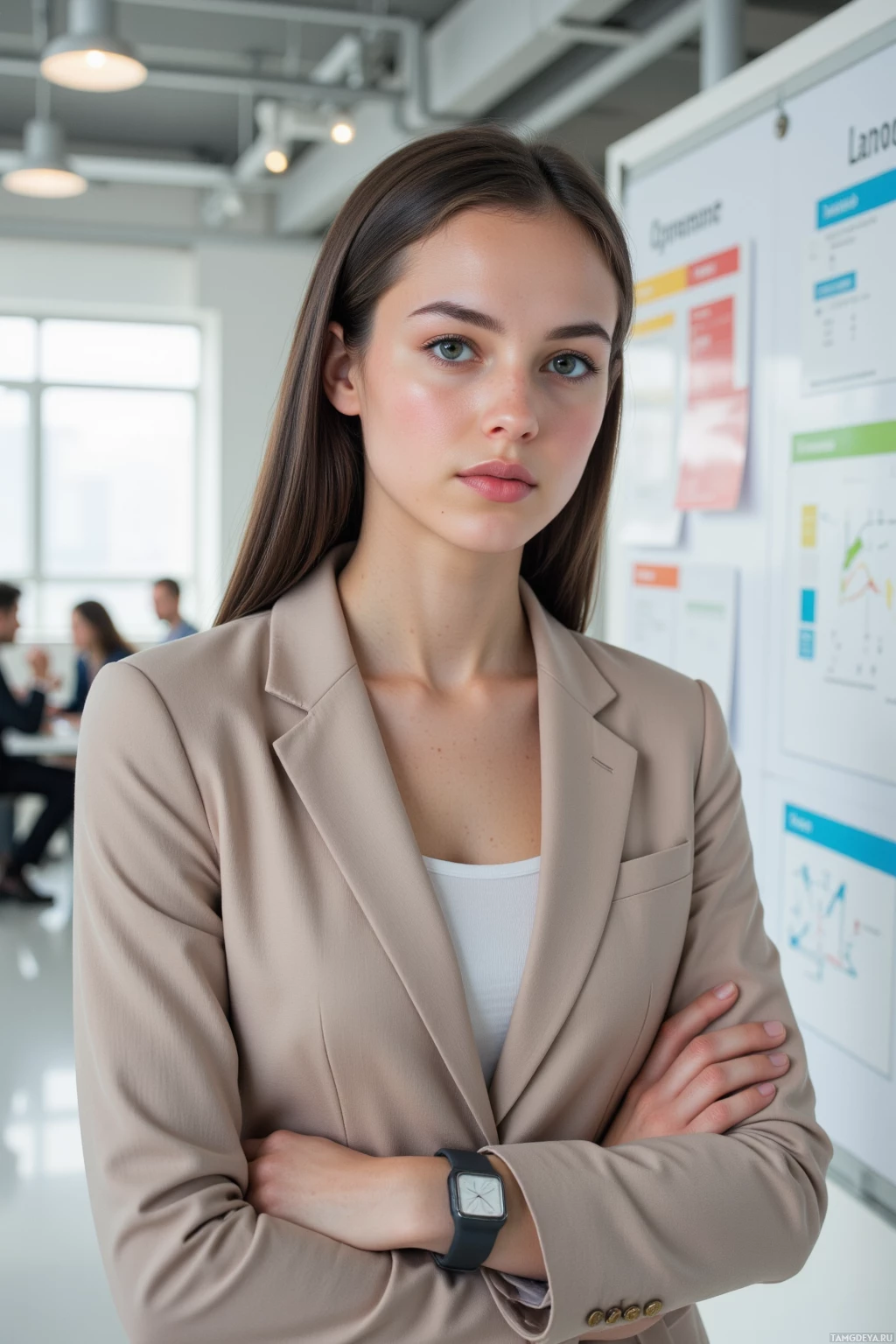 Realistic high quality photo. A slender 24‑year‑old woman with jet‑black sleek cut hair, bright blue eyes and fair skin wearing a neutral‑toned tailored blazer and trousers, standing in a modern open‑plan office beside a large wall‑mounted sprint board with color‑coded swimlanes and deadlines, holding a pen and smartwatch on her wrist, appearing focused and composed.