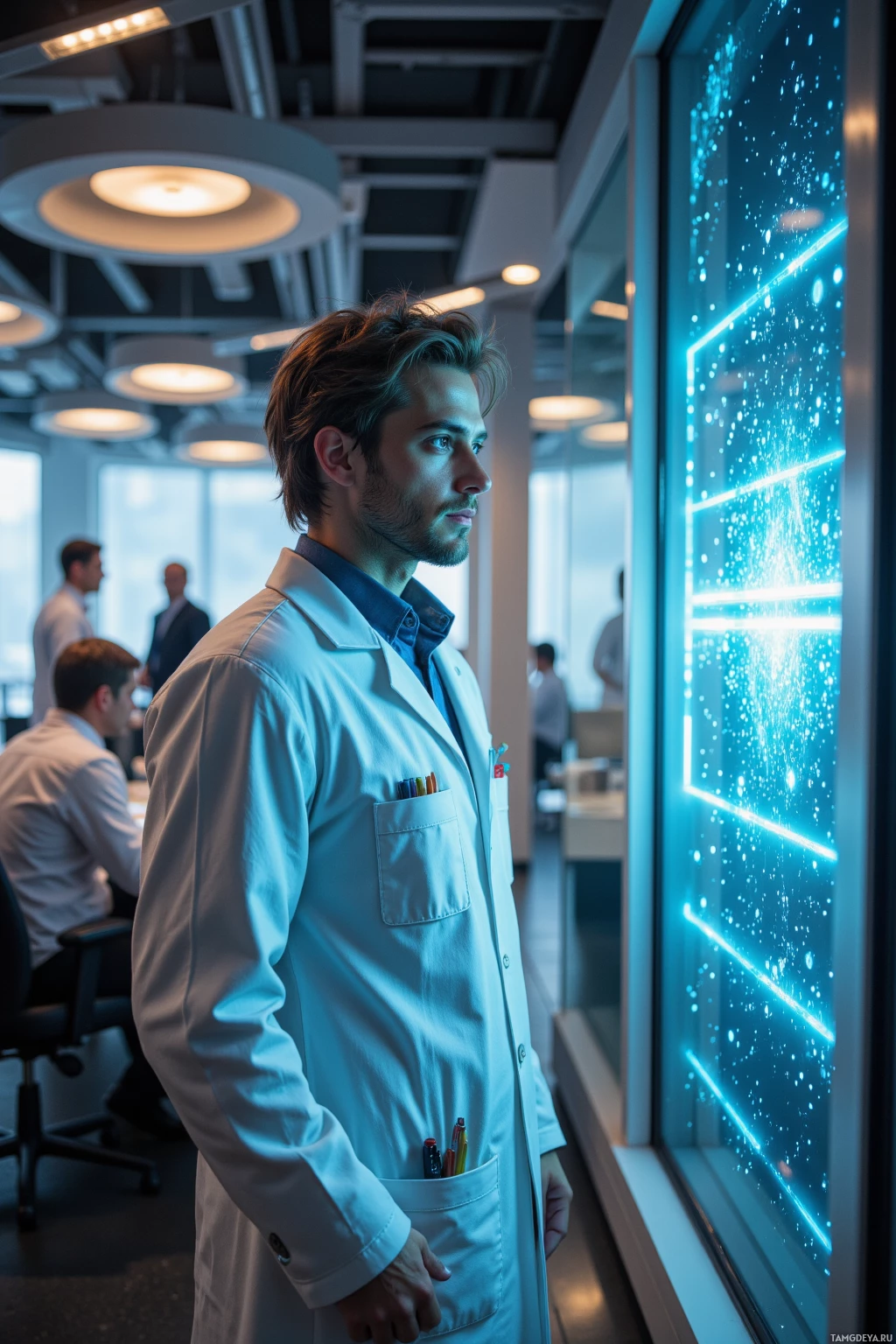 Realistic high quality photo. A 32‑year‑old male scientist with slightly messy light brown hair, piercing blue eyes, in a white lab coat with pens and tools in the pockets, standing at the edge of a high‑tech quantum lab, staring at a glowing qubit array while a conference room with people asking about deadlines is visible in the background, futuristic atmosphere.