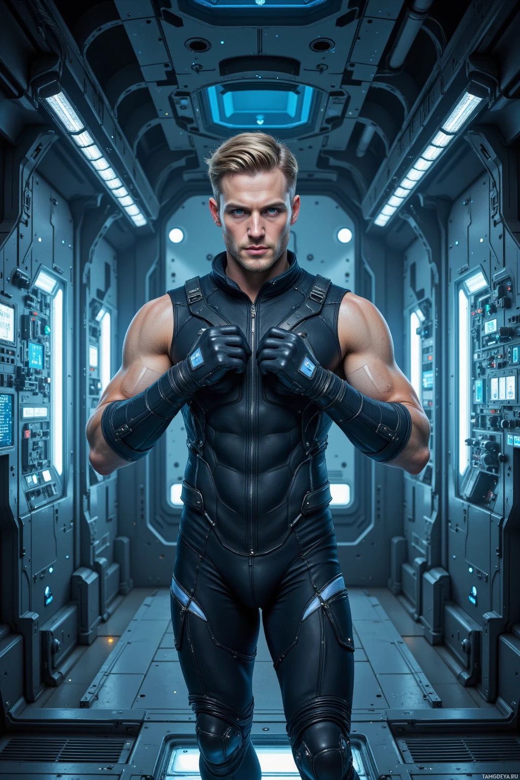 Realistic high quality photo. Male, 32, slicked-back blonde hair, piercing blue eyes, fair skin, wearing a sleek black jumpsuit with metallic accents, stands alone in a high‑tech quantum laboratory on a floating platform, surrounded by translucent holographic mesh and circuitry, meticulously adjusting feedback loops under dim bioluminescent light.