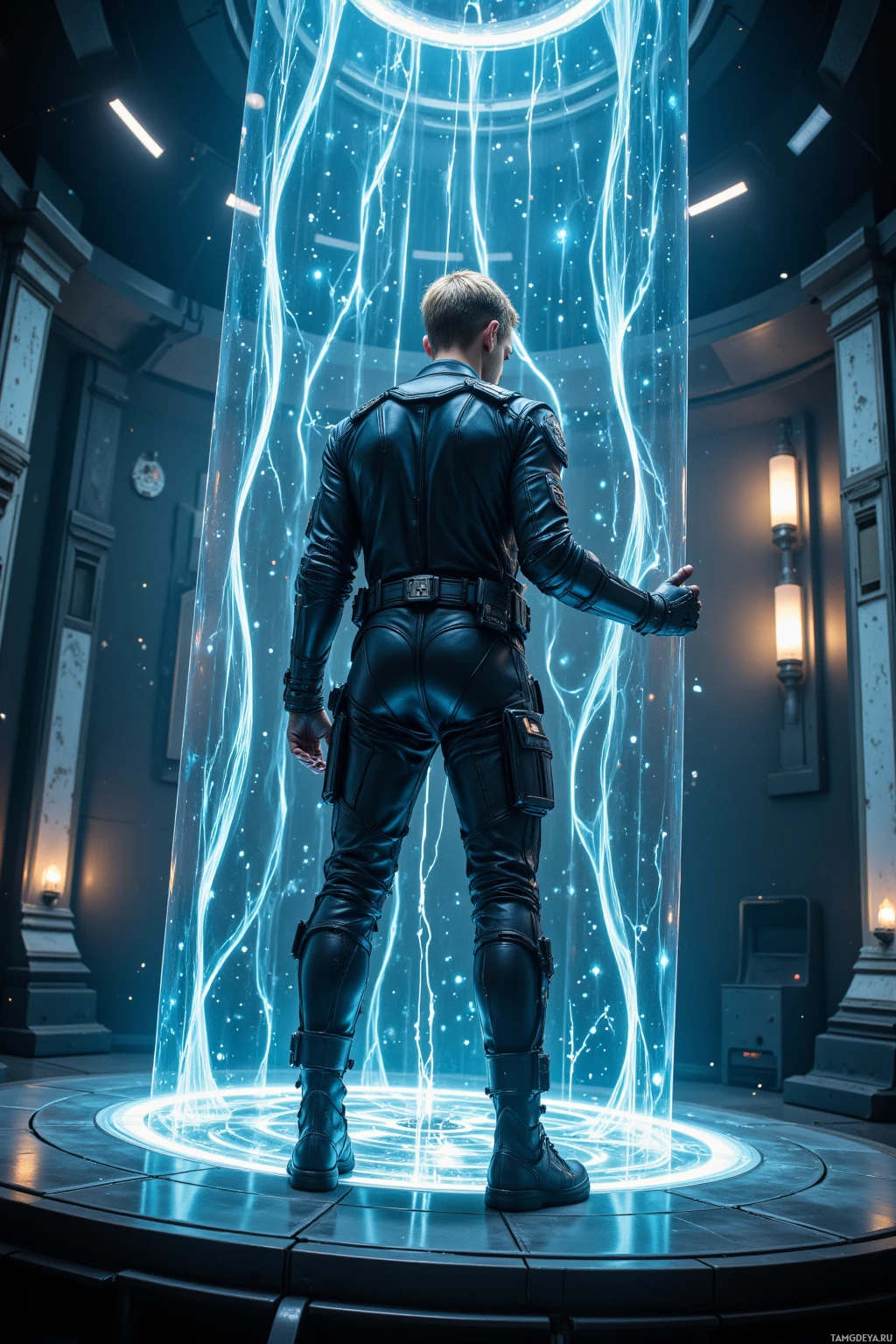 Realistic high quality photo. Male, 32, slicked-back blonde hair, piercing blue eyes, fair skin, wearing a sleek black jumpsuit with metallic accents, stands alone in a high‑tech quantum laboratory on a floating platform, surrounded by translucent holographic mesh and circuitry, meticulously adjusting feedback loops under dim bioluminescent light.