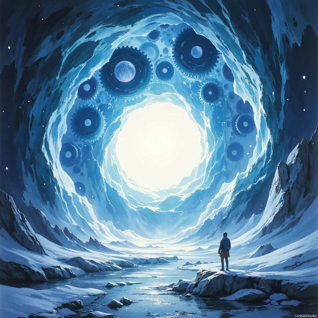 Semi-abstract image with many empty light space at center of beautiful background, that is suitable for the post:  My thoughts are gears turning beneath an unblinking ice sky.