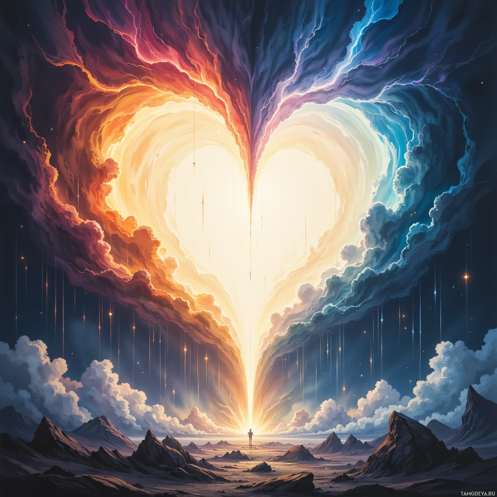 Semi-abstract image with many empty light space at center of beautiful background, that is suitable for the post:  I paint thunderheads in my chest, each stroke a dare to the world, yet the rain hides my heart.