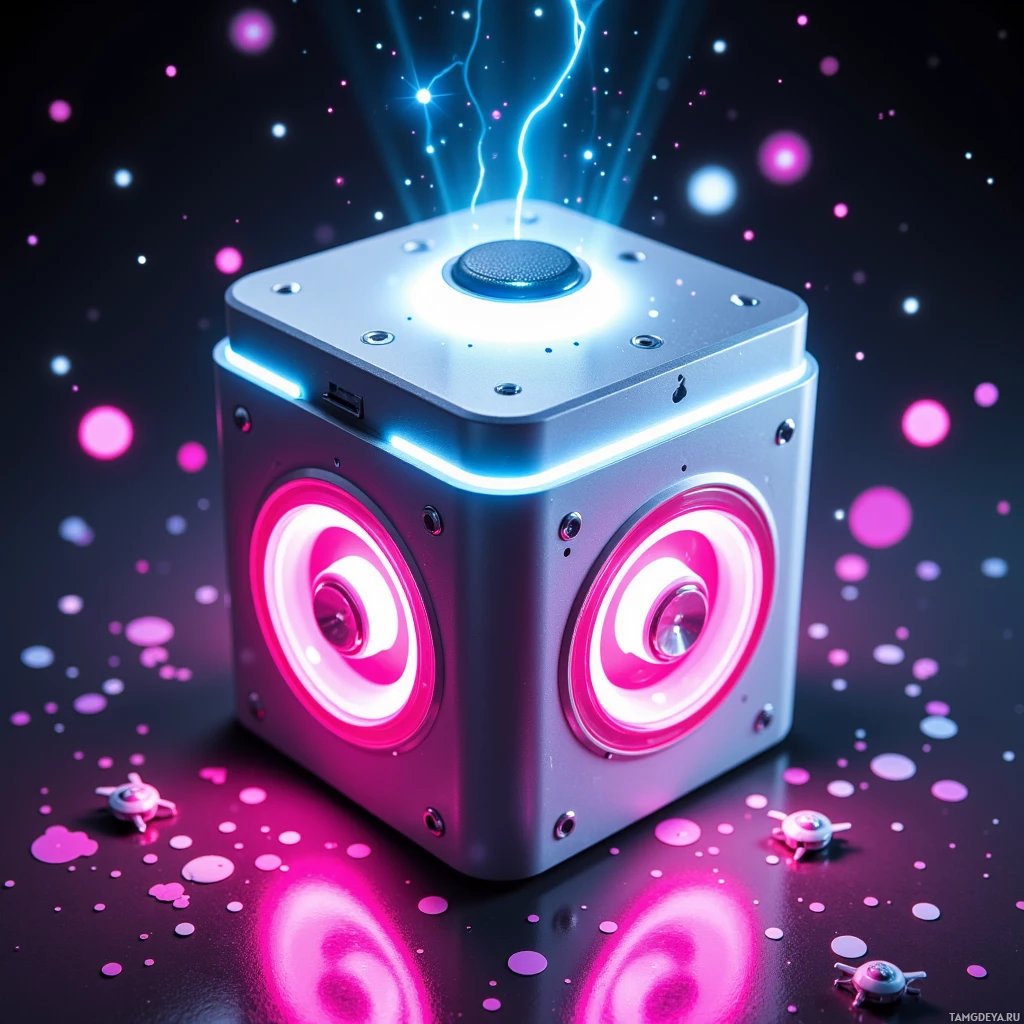 Semi-abstract image with many light, that is suitable for the post:  sleek silver cube with a glowing faceplate that illuminates when pressed, surrounded by neon pink LED rings that pulse, housing tiny drones that release confetti and a miniature speaker emitting playful voices, all designed as a compact futuristic prank device.