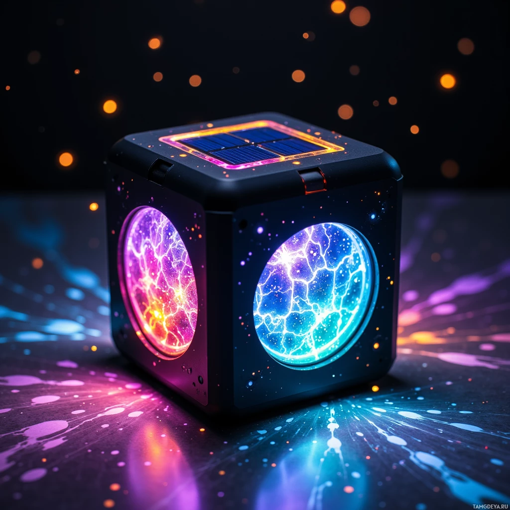 Semi-abstract image with many light, that is suitable for the post:  A sleek black cube-shaped portable lantern with a tiny solar panel integrated into its lid, matte surface studded with micro‑LEDs emitting a rainbow glow when activated, and an embedded holographic projector that can cast 3‑D terrain maps above it.
