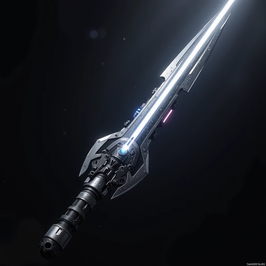 Semi-abstract image with many light, that is suitable for the post:  A matte black carbon‑titanium alloy energy blade with a sleek chassis, micro‑lens arrays focusing a razor‑thin plasma microbeam, an adjustable pulse array at the tip, and a subtle glowing adaptive power core, all rendered with high detail and futuristic metallic sheen.
