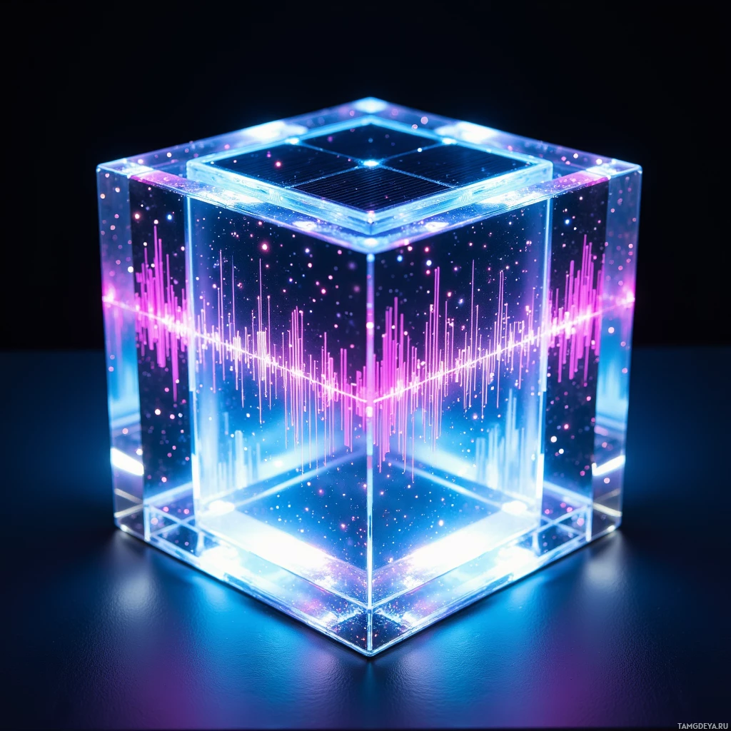 Semi-abstract image with many light, that is suitable for the post:  Translucent crystal cube with integrated solar panel, flexible OLED screen projecting neon soundwave patterns, polished silver edges, micro LED glow, sleek modern tech design.