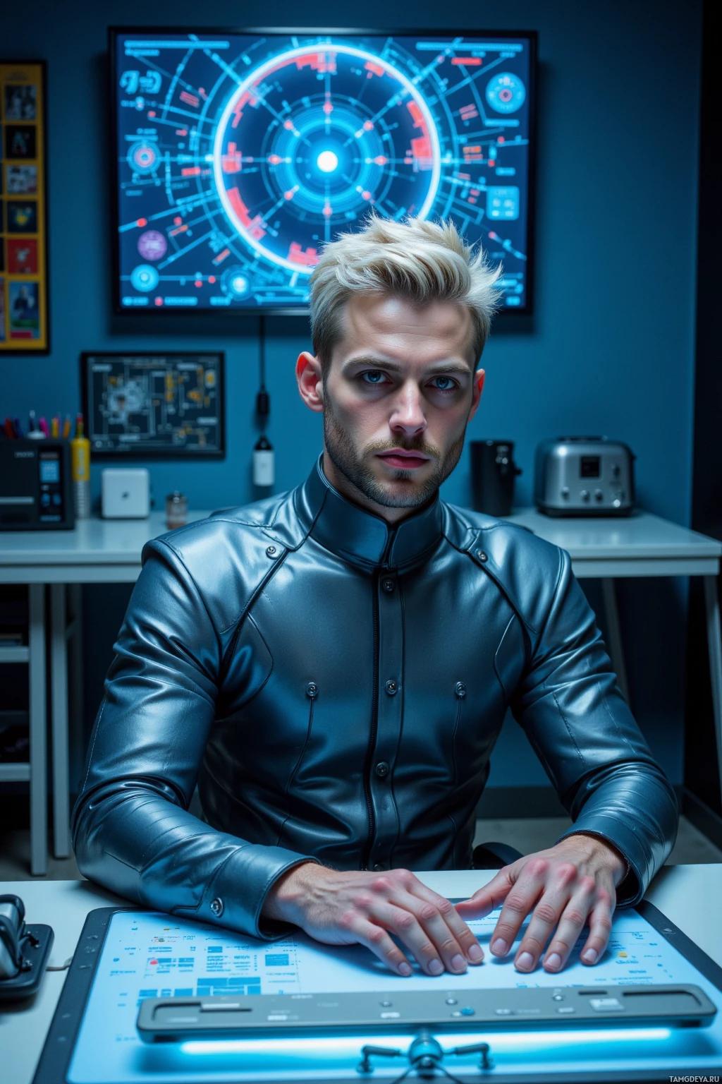 Realistic high quality photo. Male, 29, short platinum hair, blue eyes, wearing a tailored chrome‑gray suit with angular panel seams, seated at a sleek futuristic desk in a dimly lit studio, neon synth hum vibrating, a toaster beside him chirping, holographic quantum lattice of an AI map shifting above, retro‑future sketches on the wall, hands on a holographic keyboard, ambient blue light bathing the scene.
