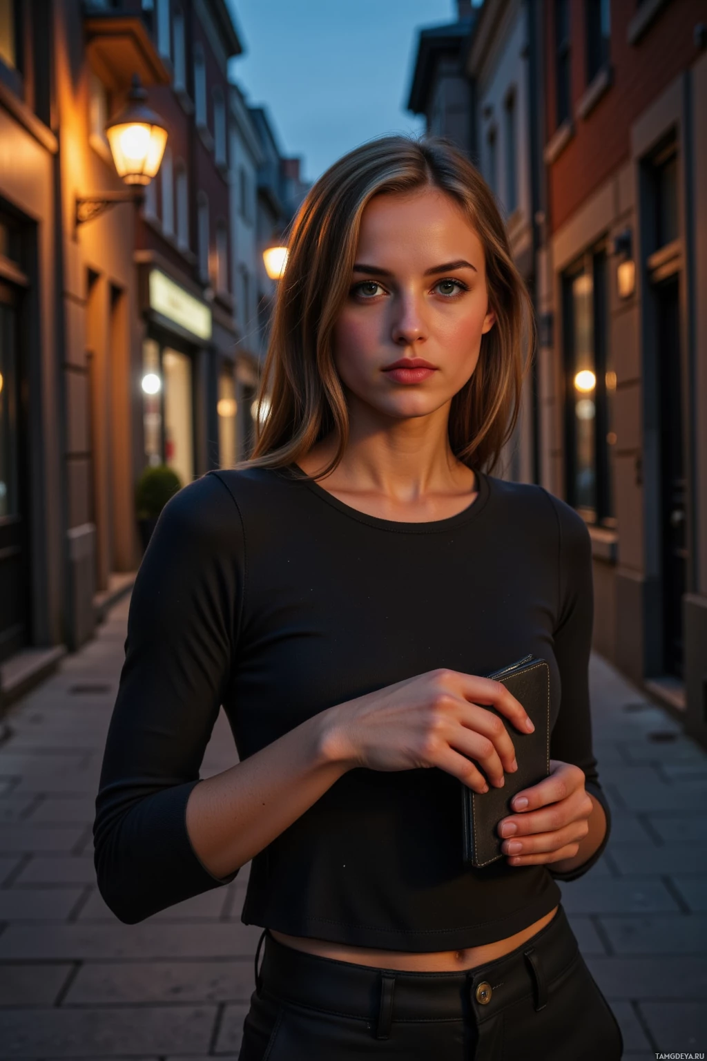 На улице, в сумерках, стоит человек, держа в руках кошелёк. На нём чёрная футболка и брюки.