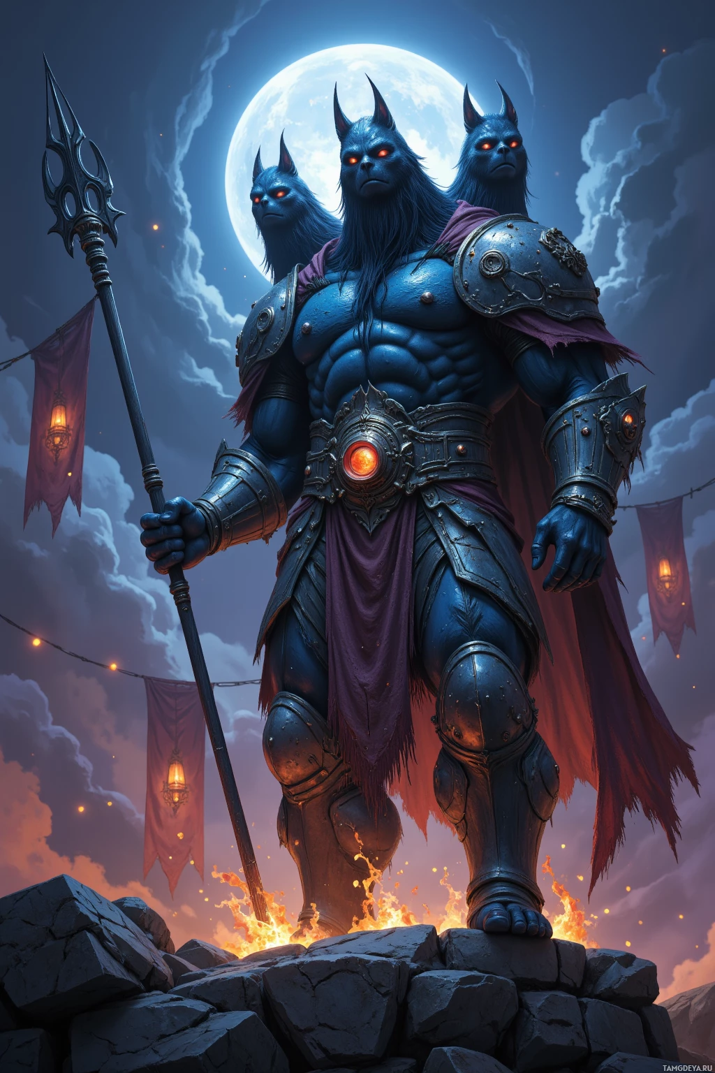 Realistic high quality photo. A towering three‑headed male guardian with glowing eyes and thick dark fur, wearing weathered steel armor and wielding a jagged trident, stands on the stone ramparts of his keep at night while wind rattles banners overhead, watching the horizon.
