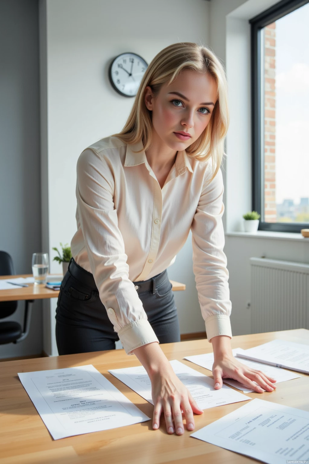 Realistic high quality photo. 27‑year‑old woman with shoulder‑length blonde hair, bright blue eyes, calm expression, light professional blouse standing in a modern office room mapping floor edges with fingertips while aligning them to an analog wall clock’s second hand; a glass of water on a desk shows a ripple and late afternoon sunlight streams through the window.