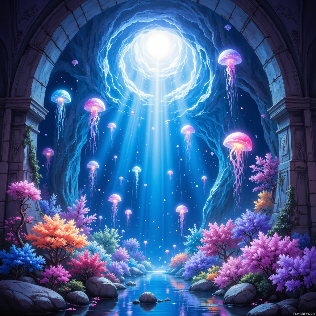 Semi-abstract image with many empty light space at center of beautiful background, that is suitable for the post:  Ideas bloom like phosphorescent jellyfish, shimmering inside the glassy corridors of my meticulous dreamscape.
