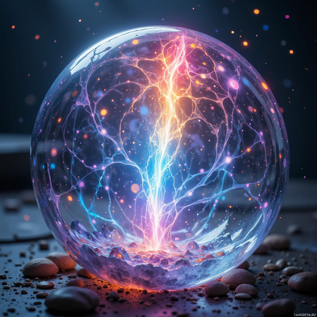 Semi-abstract image with many light, that is suitable for the post:  translucent glass sphere with an iridescent core, softly glowing, emitting floating iridescent light patterns that dance around its surface, subtle humming aura.