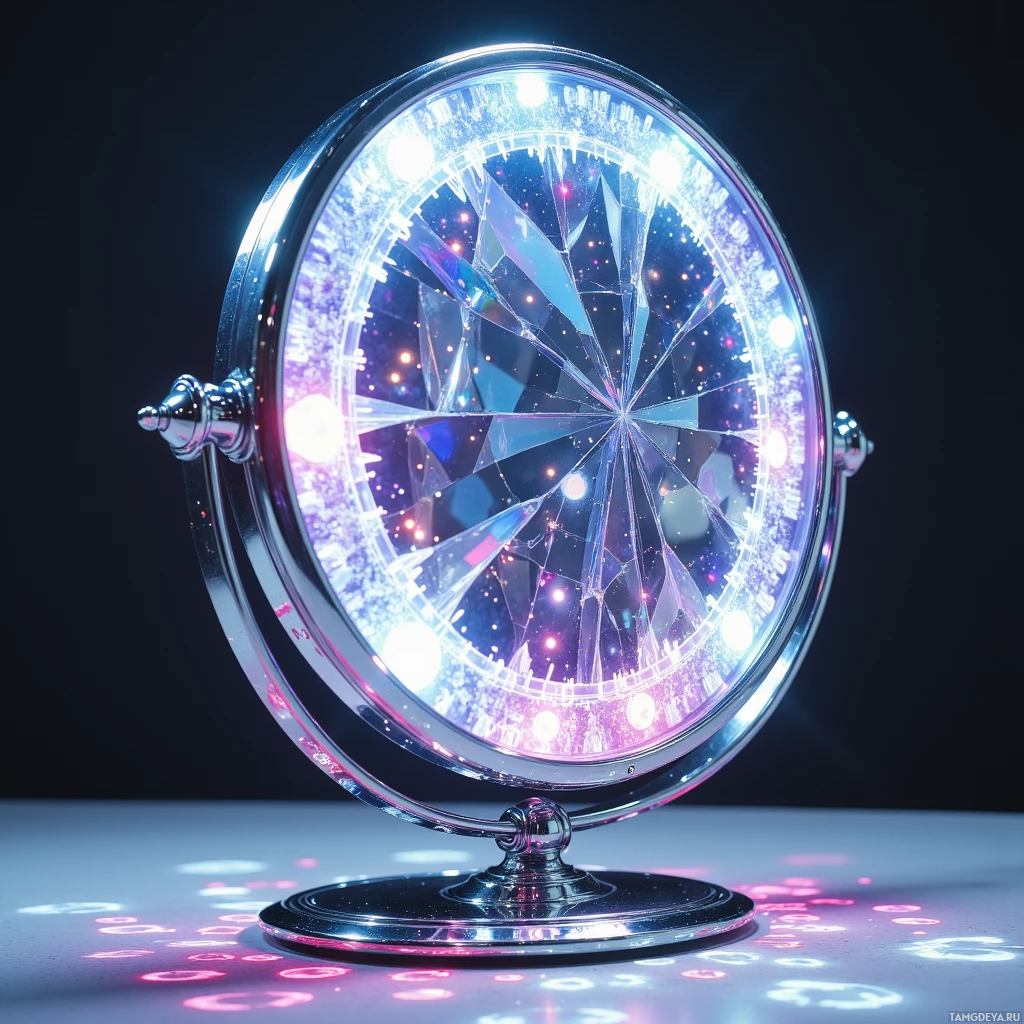 Semi-abstract image with many light, that is suitable for the post:  Crystal‑encrusted hovering personal mirror with a translucent, diamond‑like shell refracting light, a micro‑LED matrix projecting vibrant runway trend patterns onto its glass surface, sleek silver metal frame, subtle iridescent glow and futuristic chrome accents.
