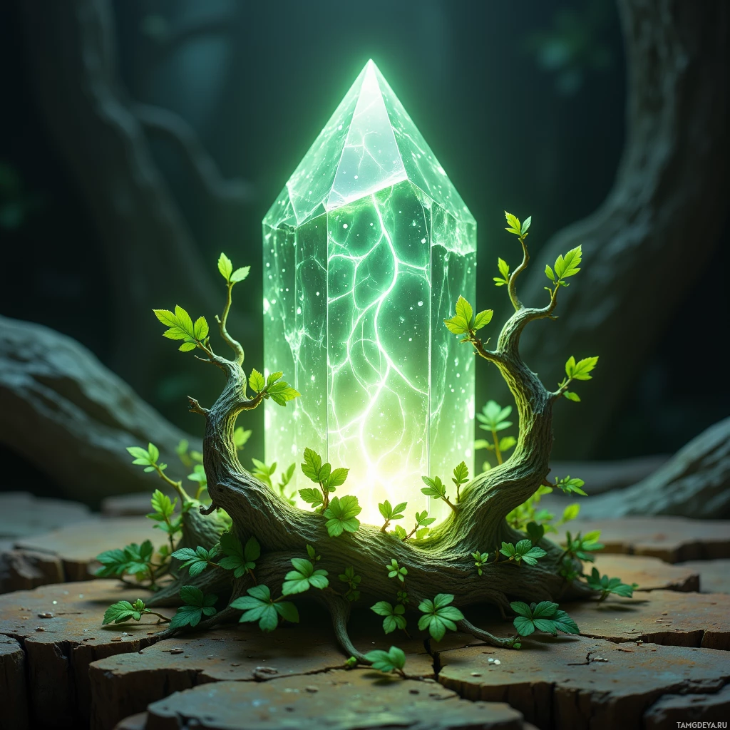 Semi-abstract image with many light, that is suitable for the post:  A translucent crystal prism pulsing soft green light, encased in living bark vines and roots that twist around it, with iridescent veins and a subtly shifting, textured wooden surface.
