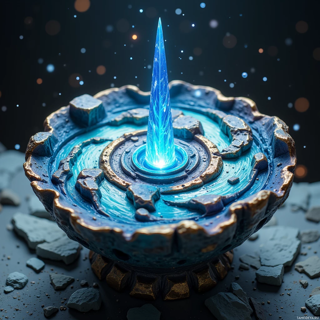 Semi-abstract image with many light, that is suitable for the post:  Iridescent palm‑sized sea‑gnomon carved from polished coral, featuring a shimmering iridescent surface that subtly maps ocean currents, a slender needle pointing to hidden reefs, and a tiny brass core emitting a soft blue glow when ocean pressure rises.