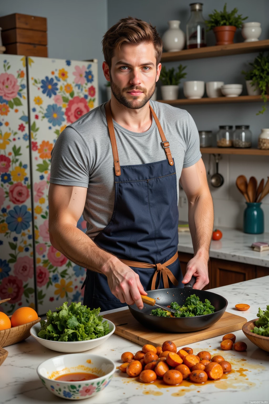 Realistic high quality photo. Male, 29, medium‑brown hair, light stubble, blue eyes, pale skin, wearing a casual t‑shirt and cooking apron, stands in a modern kitchen sautéing kale and roasted sweet potatoes in a skillet while a splash of tamarind syrup glistens, with a colorful painted refrigerator behind him and scattered utensils and ingredients creating a playful, chaotic yet lively atmosphere.
