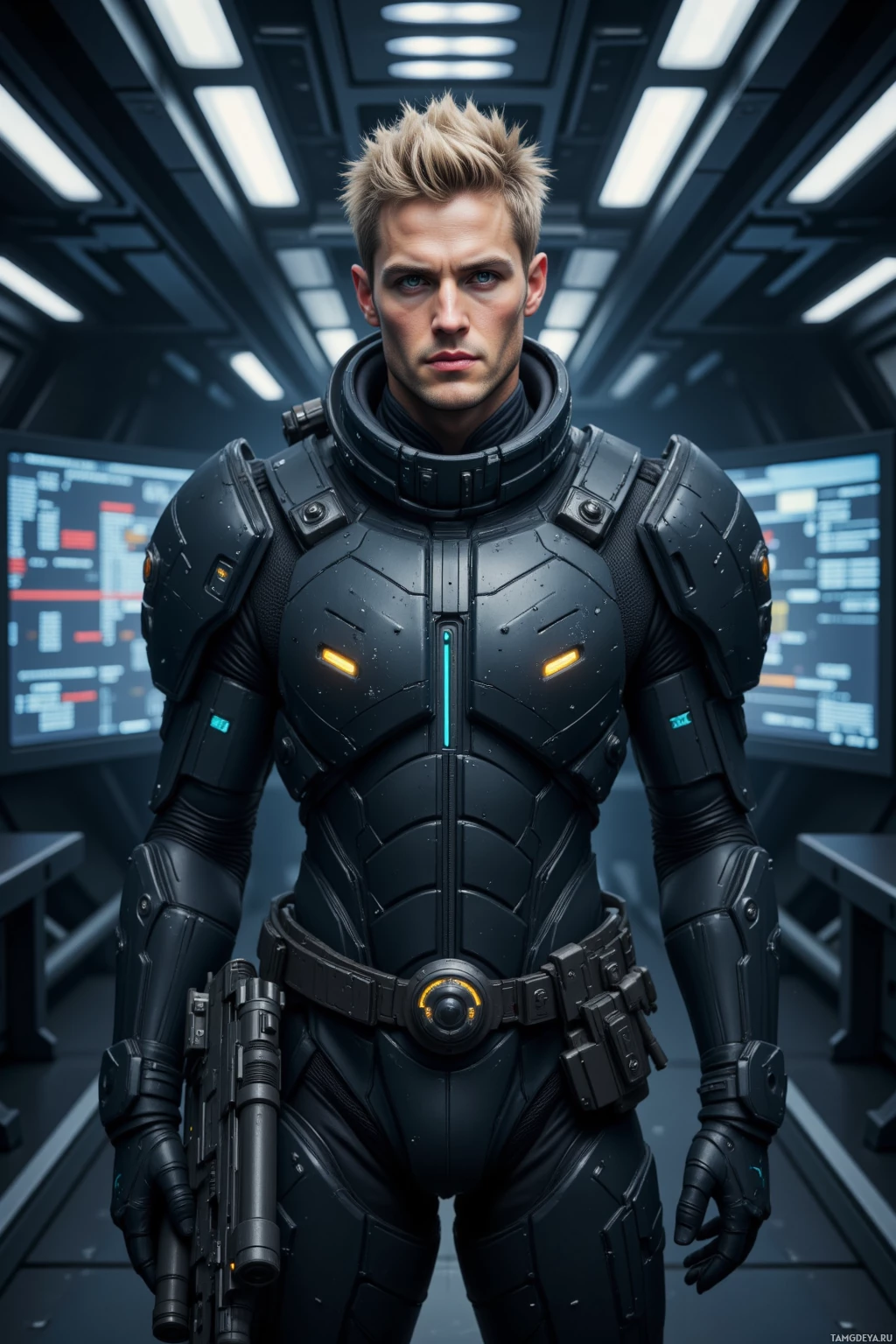 Realistic high quality photo. Male, 28, short spiky blonde hair, piercing blue eyes, angular features, wearing sleek high‑tech energy armor with glowing stripes and an energy rifle slung over his shoulder, stands in a dimly lit orbital training bay at night, surrounded by holographic displays of code and a pulse‑laser emitter he fine‑tunes with precise adjustments, calm and focused, ready for mission.