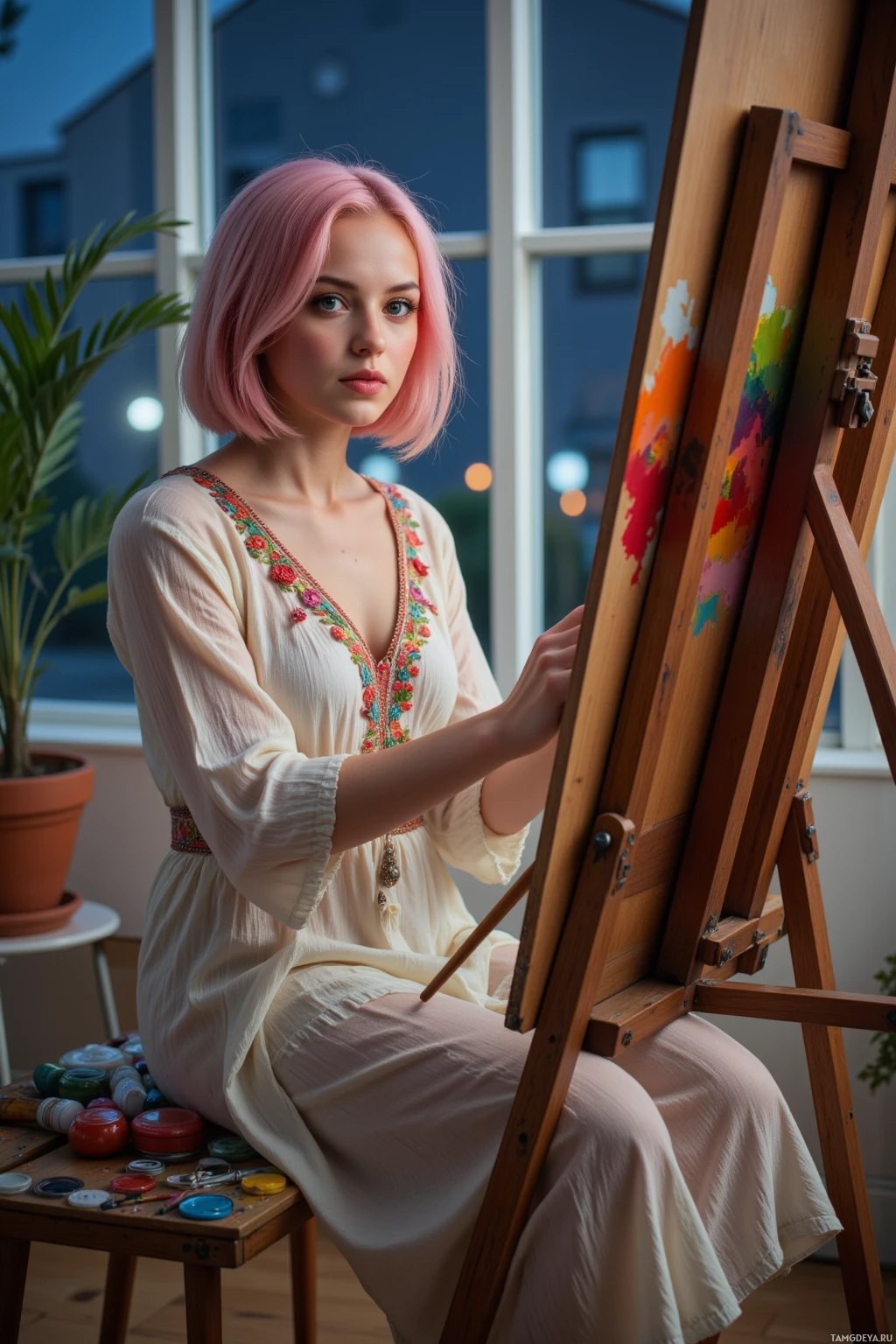 Realistic high quality photo. Woman with pastel pink bob hair, blue eyes, porcelain skin, heart-shaped face wearing a flowy embroidered bohemian dress sits at an easel in a softly lit modern studio at night, pausing over a bright brushstroke on an unfinished canvas surrounded by brushes, palette, scattered paint tubes and a small potted fern.