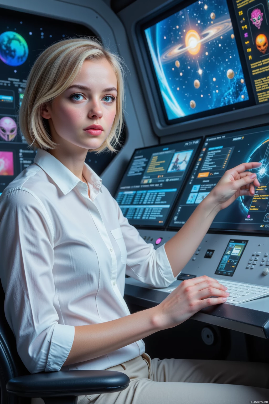 Realistic high quality photo. Female 25‑year‑old programmer with short blonde hair, bright blue eyes and fair skin, wearing a crisp white shirt and tailored trousers, seated at a quantum compiler console inside an interstellar museum’s high‑tech gallery, holographic code streams and tiny alien sprite animations flickering on glass panels above her, star field visible through large viewport, and an automated defense protocol interface glowing as she adjusts parameters for asteroid interception.
