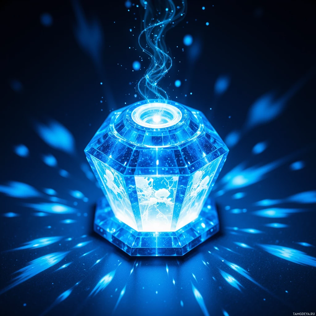 Semi-abstract image with many light, that is suitable for the post:  Palm‑sized crystalline holographic projector with faceted glass surfaces, softly pulsing blue light, projecting intricate translucent 3D figures that swirl around the device.