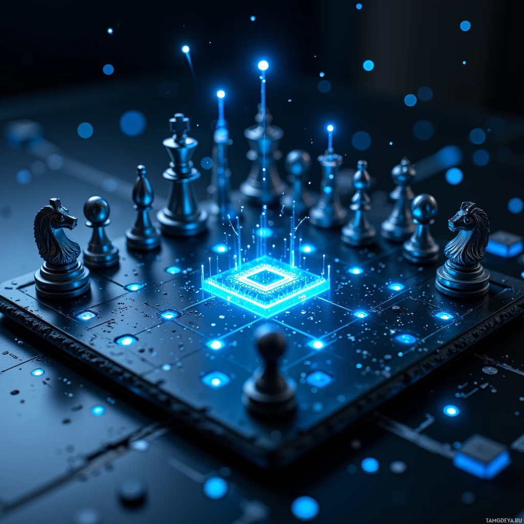 Semi-abstract image with many light, that is suitable for the post:  sleek black slate chess board with embedded micro‑LED squares glowing electric blue, miniature translucent processor chip at center, brushed steel mechanical pieces moving autonomously, illuminated move lines floating above the board.
