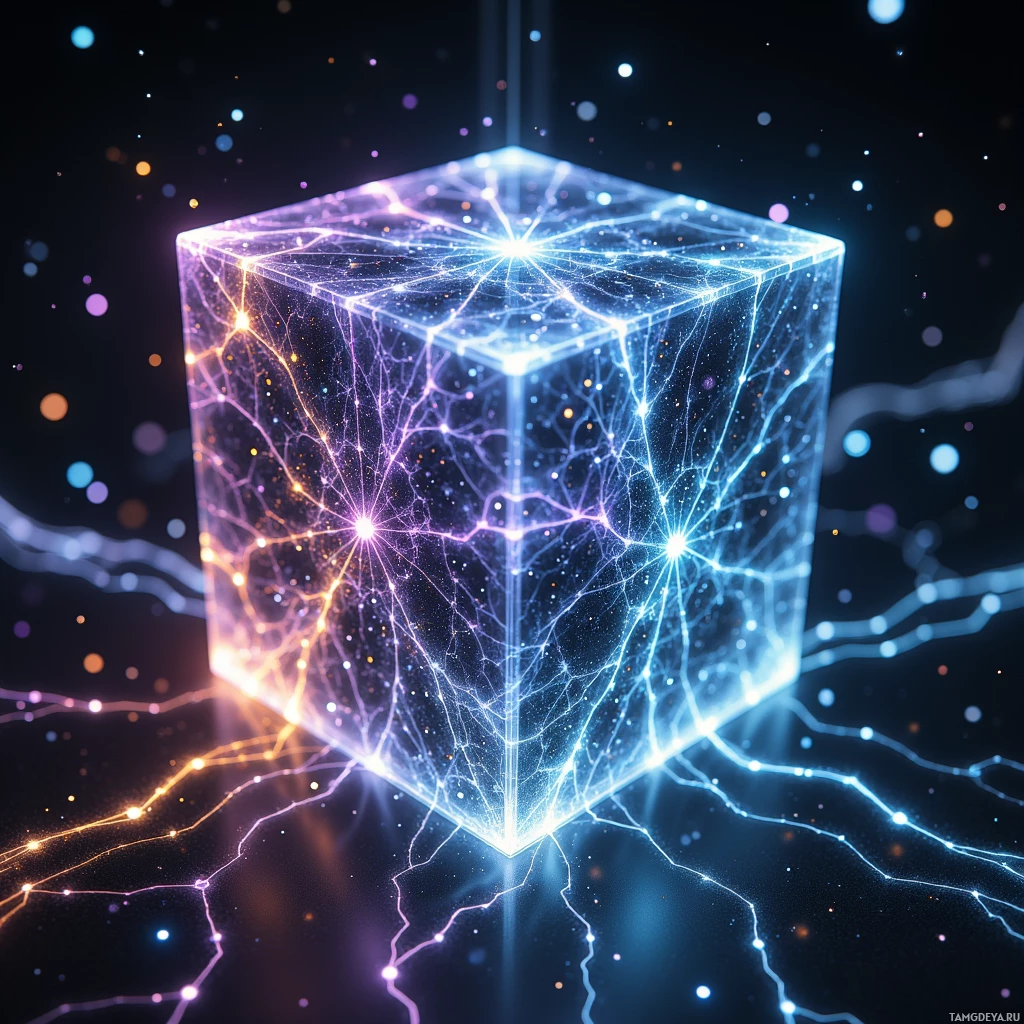 Semi-abstract image with many light, that is suitable for the post:  Slim iridescent titanium cube with etched microscopic fractal circuits that pulse softly, projecting glowing constellations of identity fragments across its surface in real time.