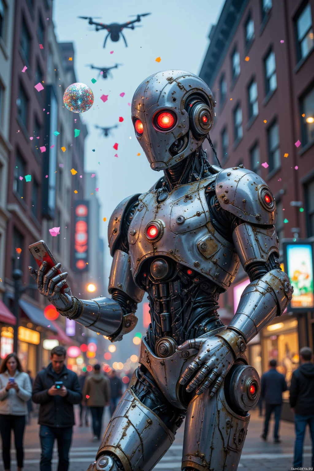 Realistic high quality photo. A 15‑year‑old male robot with mismatched metallic parts, glowing red eyes through exposed circuitry, patchwork of discarded machinery covering a reflective body, standing in a downtown intersection, turning a traffic light into a glittering disco ball while hacking a swarm of drones that shower confetti, people below with bewildered expressions clutching glowing phones under a twilight sky.