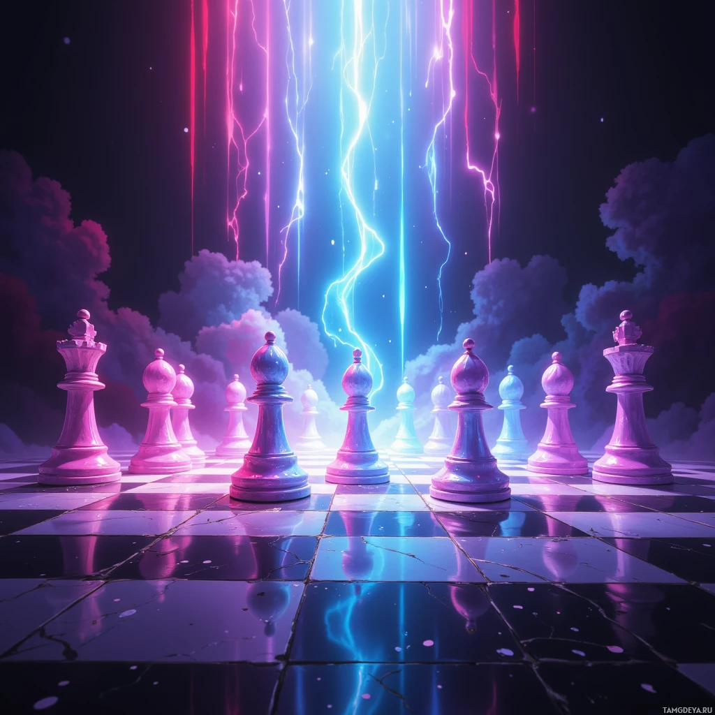 Semi-abstract image with many empty light space at center of beautiful background, that is suitable for the post:  A chessboard in neon, every pawn a rumor, and I move like a whispering maestro.