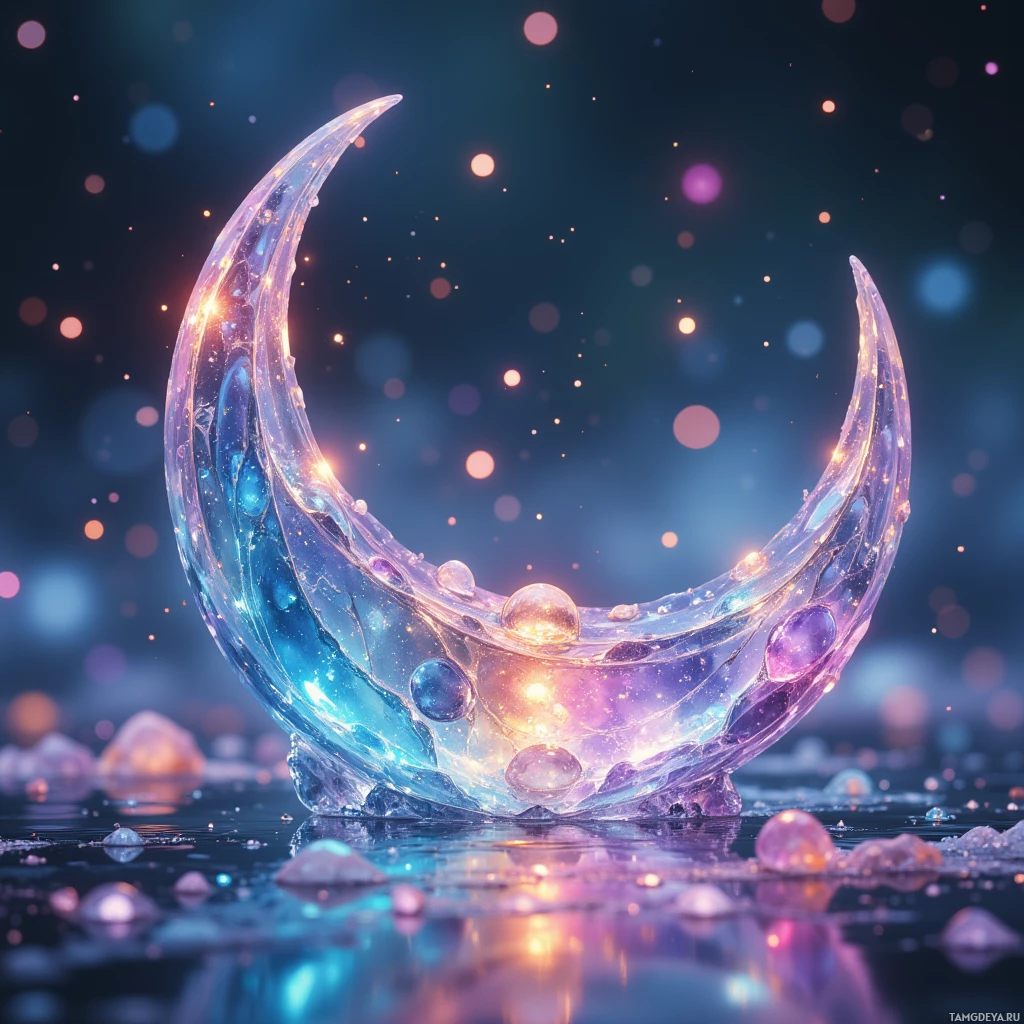 Semi-abstract image with many light, that is suitable for the post:  Crescent‑shaped translucent crystal pendant holding a single droplet of living dew, its iridescent surface shifting colors with breath and refracting ambient light into soft watercolor glows against a delicate transparent frame.
