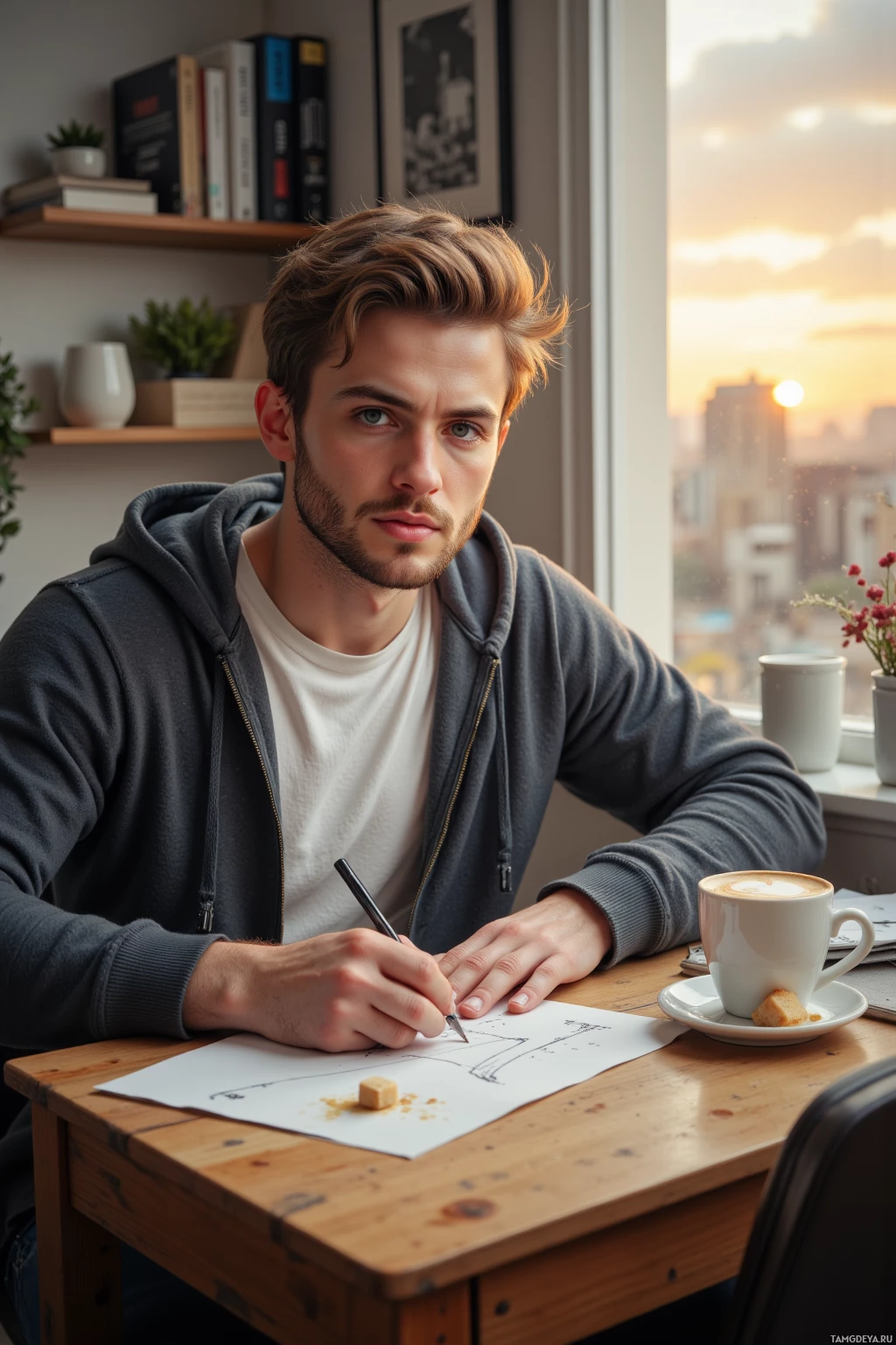 Realistic high quality photo. A 24‑year‑old man with tousled light brown hair, clear blue eyes, wearing a soft gray hoodie over a white t‑shirt, seated at a small wooden desk in a cozy apartment, sketching a continuous single line on paper while a coffee cup with a sugar cube and a second coffee cup with caffeine stains sit beside him, a window revealing a blurred view of urban buildings at sunset, and a friend laughing in the background, capturing his inventive yet slightly uncertain creative moment.