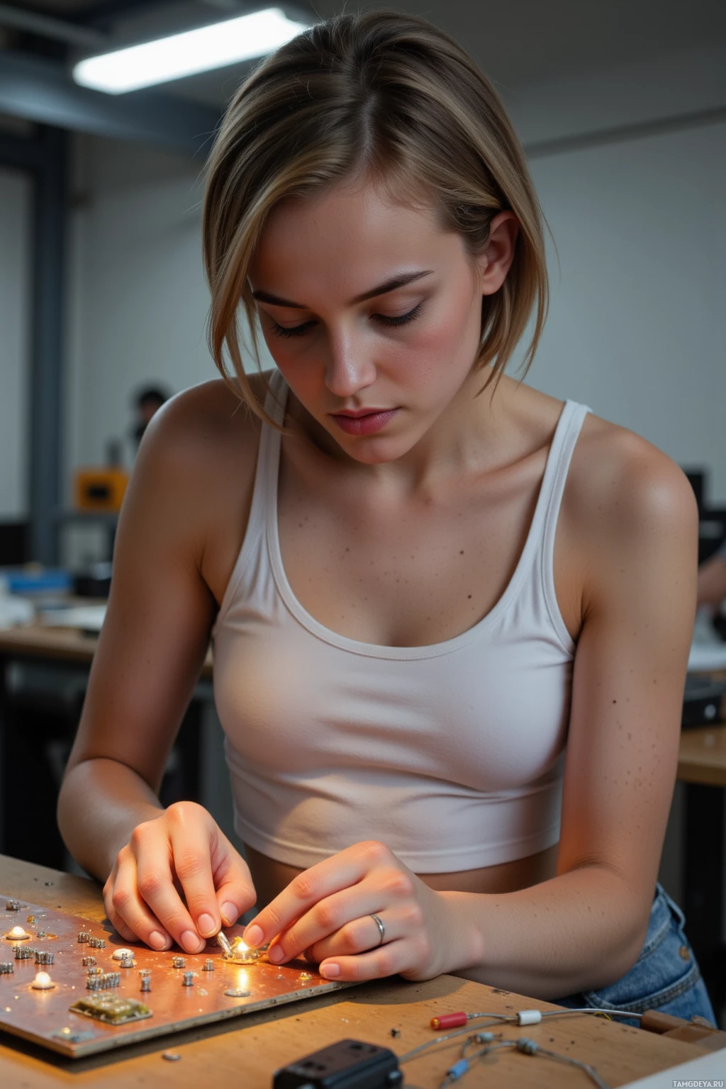 Realistic high quality photo. Female, 34, short light brown hair, blue eyes, wearing a simple white tank top and relaxed jeans, carefully aligning pastel-traced SMD resistors on a copper PCB with warm LED filaments glowing softly against the cool metal surface, in a modern workshop at dusk, her focused expression reflecting quiet triumph.