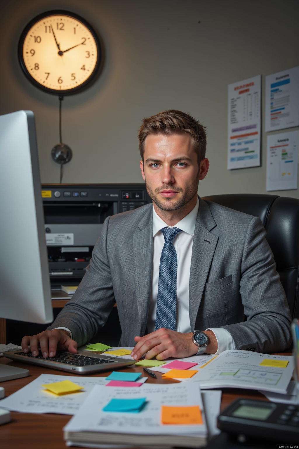 Realistic high quality photo. 30‑year‑old man with short light brown hair, piercing blue eyes, calm demeanor, wearing a tailored light grey suit, crisp white shirt, matching tie, sitting at a cluttered office desk strewn with Post‑It notes like a battlefield, an uncooperative printer beside him, a glowing monitor highlighting his freckles, setting a timer on a wall clock, surrounded by calendar pages and spreadsheets, midday office.