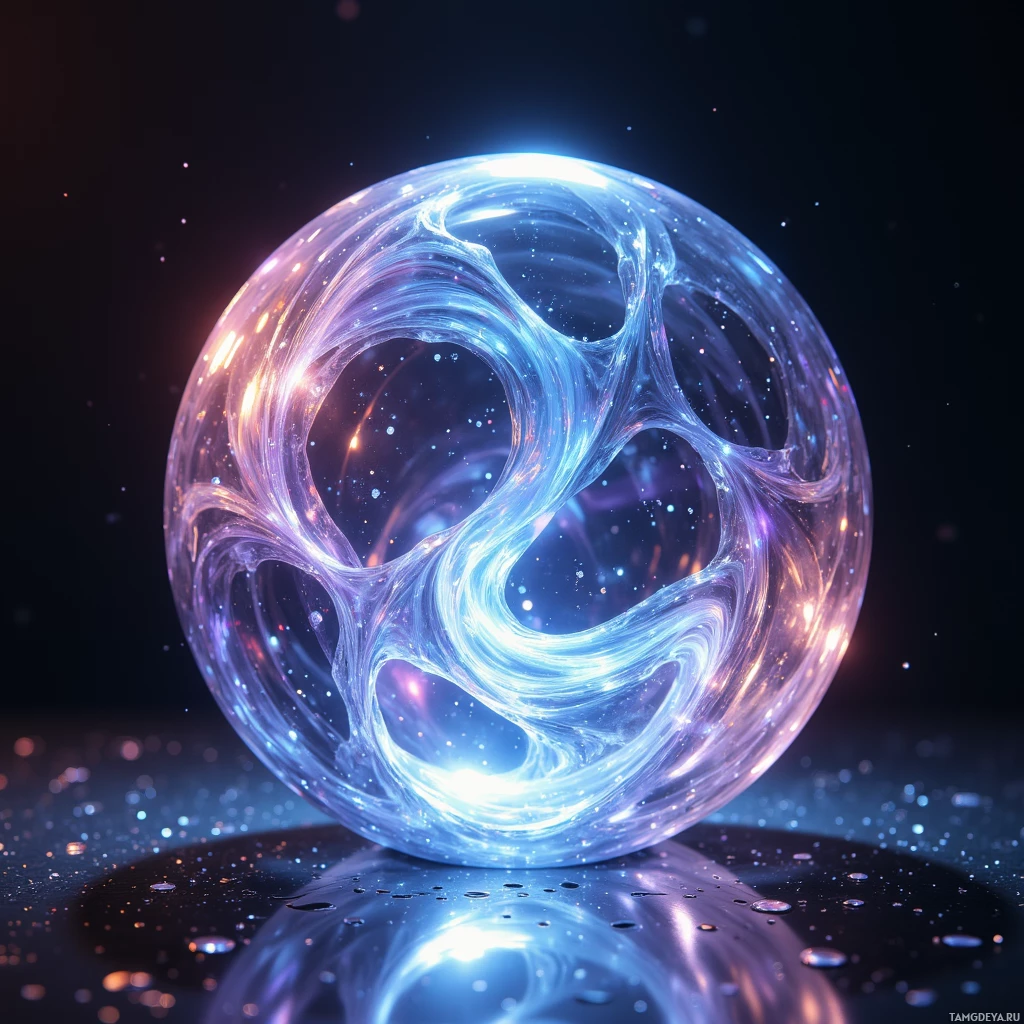 Semi-abstract image with many light, that is suitable for the post:  A sleek translucent crystal sphere with a rippling surface of shifting color gradients, faint holographic light patterns swirling inside, and subtle reflective facets that change hue dynamically.