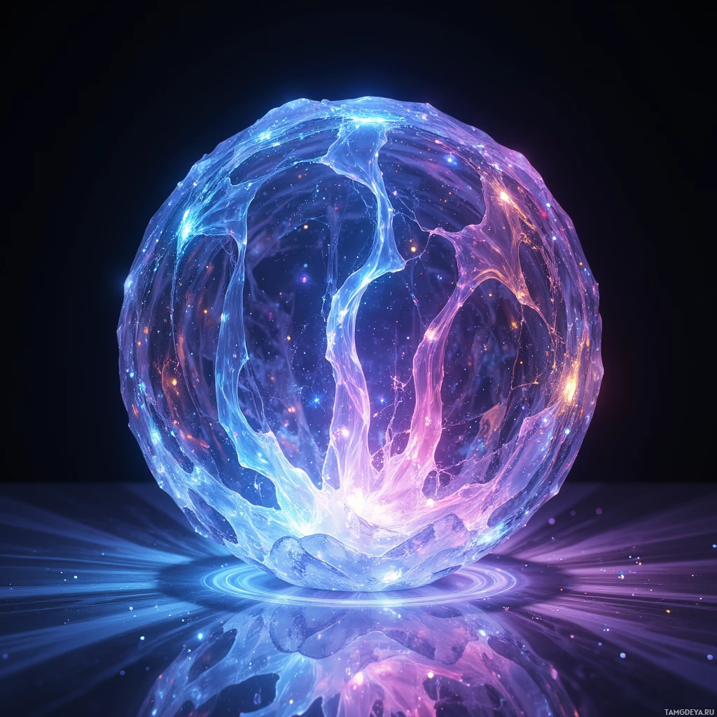 Semi-abstract image with many light, that is suitable for the post:  A sleek translucent crystal sphere with a rippling surface of shifting color gradients, faint holographic light patterns swirling inside, and subtle reflective facets that change hue dynamically.