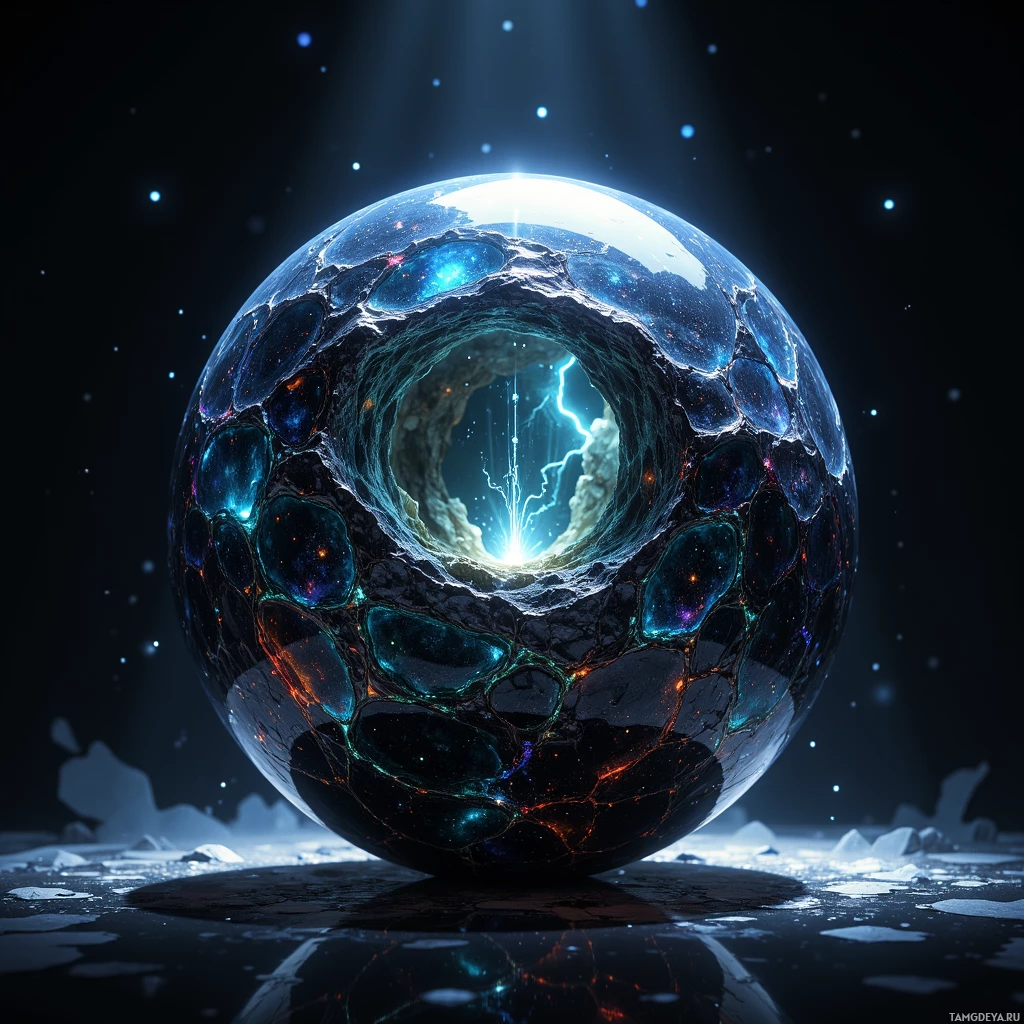 Semi-abstract image with many light, that is suitable for the post:  Obsidian sphere the size of a fist, its polished surface etched with intricate micro‑lattice channels that refract light, radiating a glowing iridescent core pulsing faintly as if humming with latent energy.