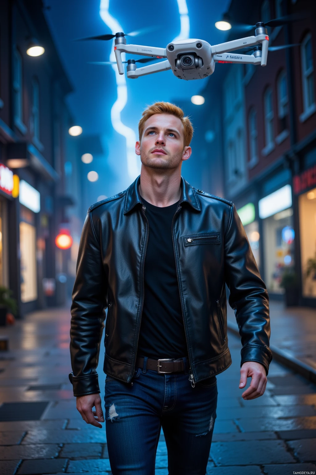 Realistic high quality photo. A 32‑year‑old man with bright red hair, bold blue eyes, fair skin, strong jawline, wearing a fitted black leather jacket and dark jeans, strides briskly down a night‑time street bathed in electric blue glow from a hovering drone, eyes focused upward, a confident grin on his face.
