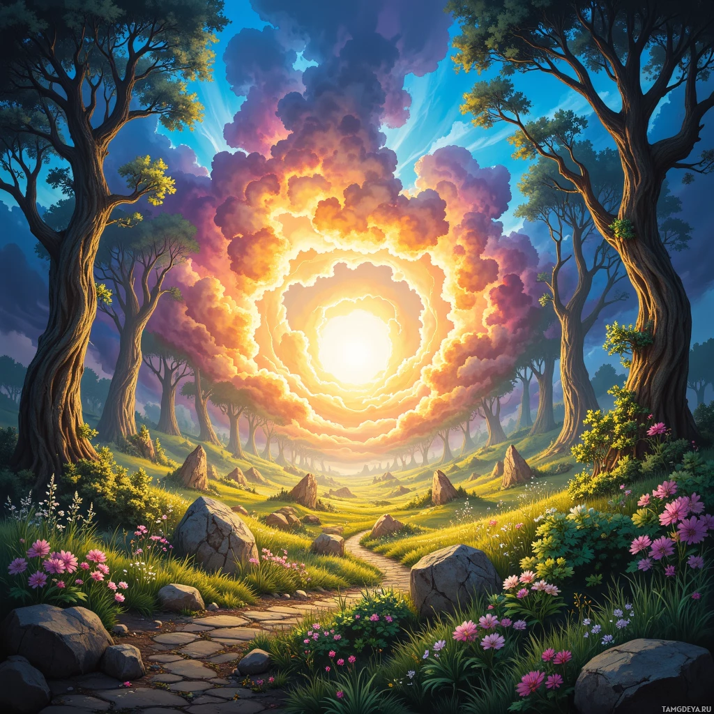 Semi-abstract image with many empty light space at center of beautiful background, that is suitable for the post:  My ideas bloom like unsorted code—chaotic seedlings sprouting into efficient ecosystems before the sun even rises.
